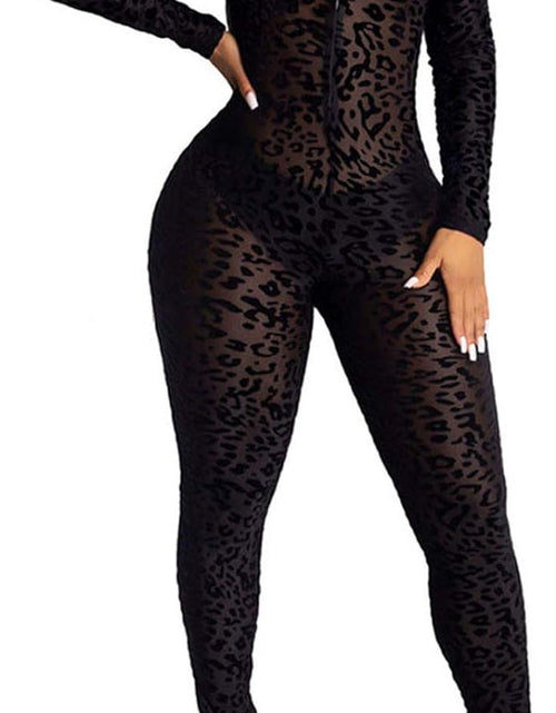 Load image into Gallery viewer, Women See through Bodycon Jumpsuit - One Piece Deep V Neck Outfits Sheer Mesh Leopard Clubwear Jumpsuit Rompers
