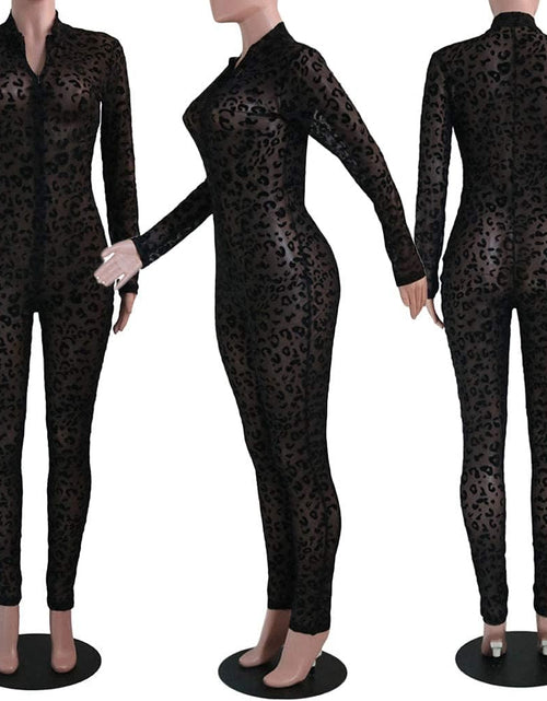Load image into Gallery viewer, Women See through Bodycon Jumpsuit - One Piece Deep V Neck Outfits Sheer Mesh Leopard Clubwear Jumpsuit Rompers
